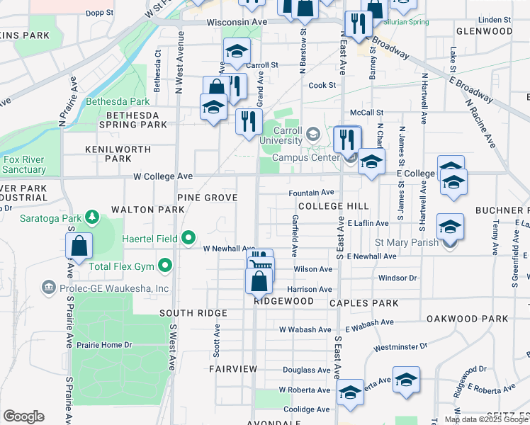 map of restaurants, bars, coffee shops, grocery stores, and more near 127 South Grand Avenue in Waukesha