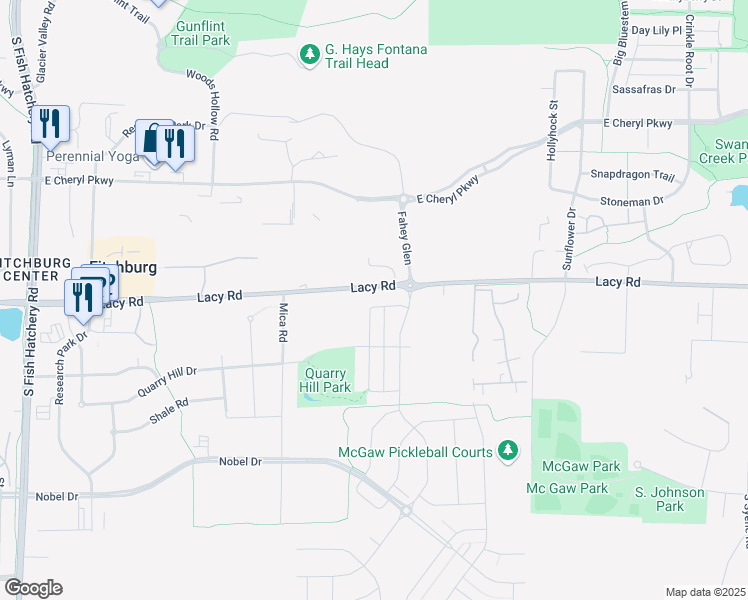 map of restaurants, bars, coffee shops, grocery stores, and more near 5360 Lacy Road in Fitchburg