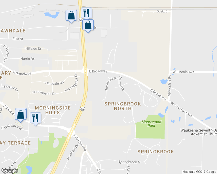 map of restaurants, bars, coffee shops, grocery stores, and more near 217 Stonebrook Drive in Waukesha