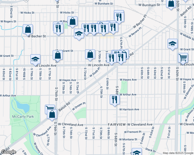 map of restaurants, bars, coffee shops, grocery stores, and more near 7035 West Stuth Place in West Allis
