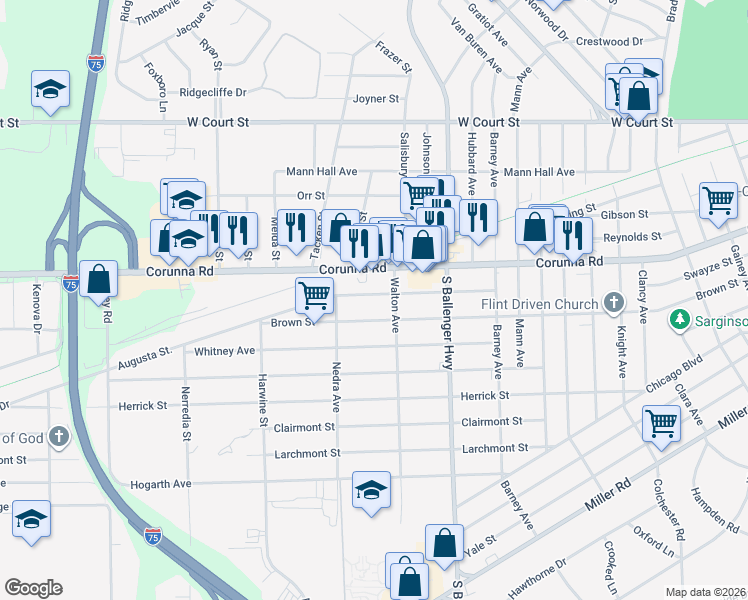 map of restaurants, bars, coffee shops, grocery stores, and more near 3821 Augusta Street in Flint