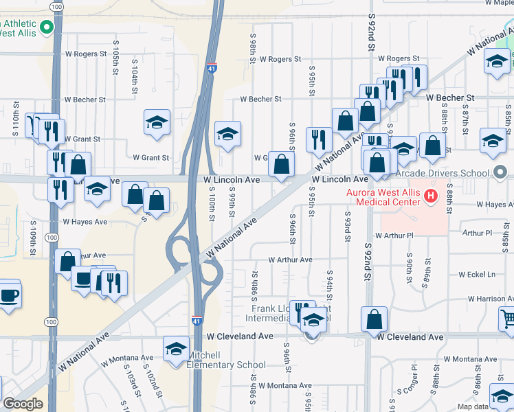 map of restaurants, bars, coffee shops, grocery stores, and more near 2358 South 98th Street in West Allis