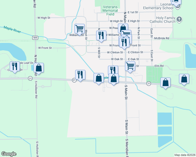 map of restaurants, bars, coffee shops, grocery stores, and more near 405 South Gratiot Street in Ovid