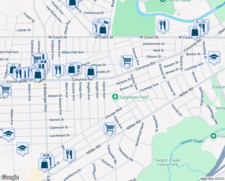 map of restaurants, bars, coffee shops, grocery stores, and more near 2728 Brown Street in Flint