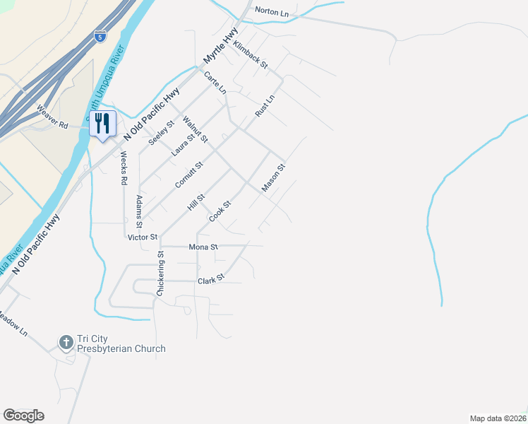 map of restaurants, bars, coffee shops, grocery stores, and more near 1003 Arburnia Street in Myrtle Creek