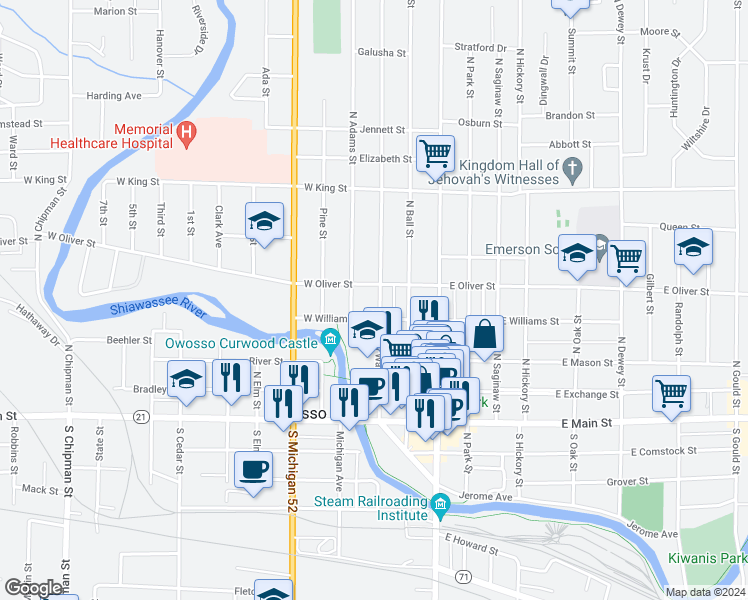 map of restaurants, bars, coffee shops, grocery stores, and more near 417 North Water Street in Owosso