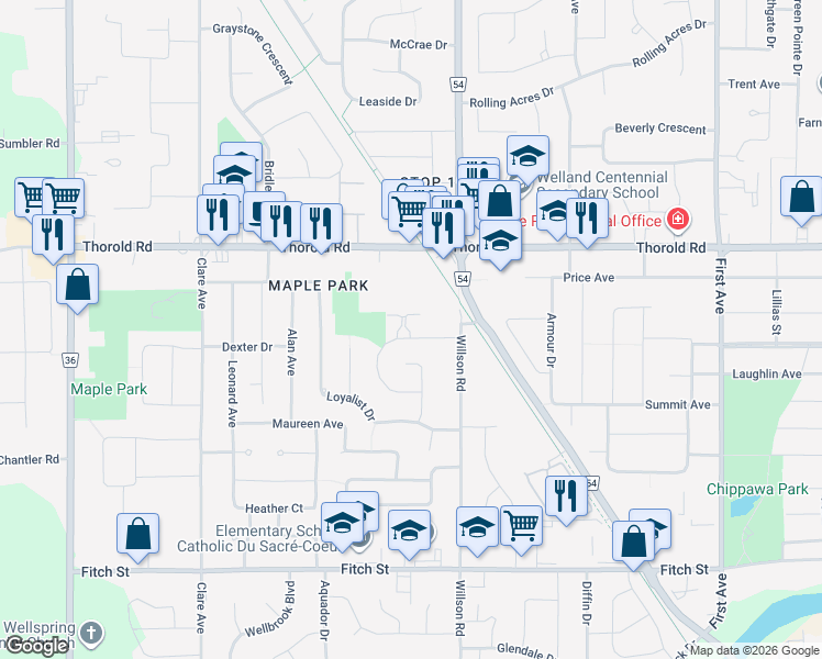 map of restaurants, bars, coffee shops, grocery stores, and more near 36 Glenpark Drive in Welland