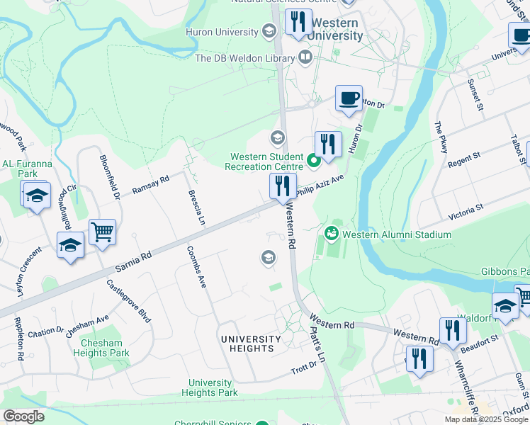 map of restaurants, bars, coffee shops, grocery stores, and more near 200 Sarnia Road in London