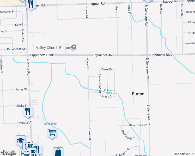map of restaurants, bars, coffee shops, grocery stores, and more near 4293 Dexel Drive in Burton
