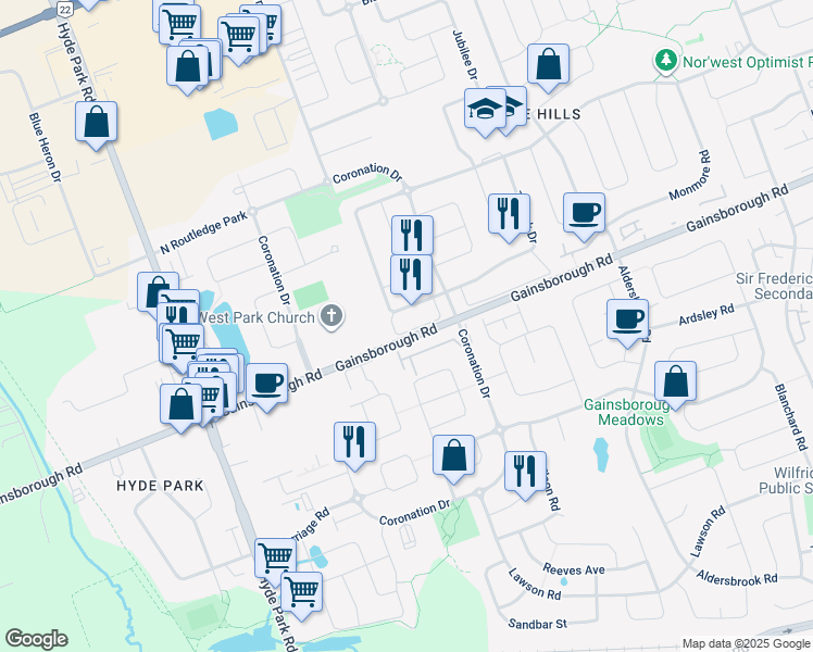 map of restaurants, bars, coffee shops, grocery stores, and more near 1630 Bayswater Crescent in London