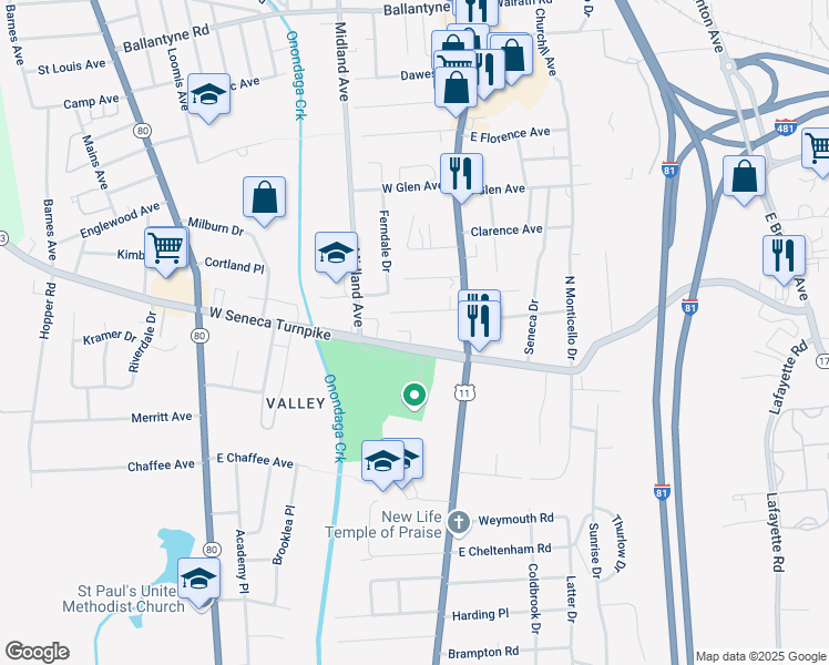 map of restaurants, bars, coffee shops, grocery stores, and more near 140 Seeley Avenue in Syracuse