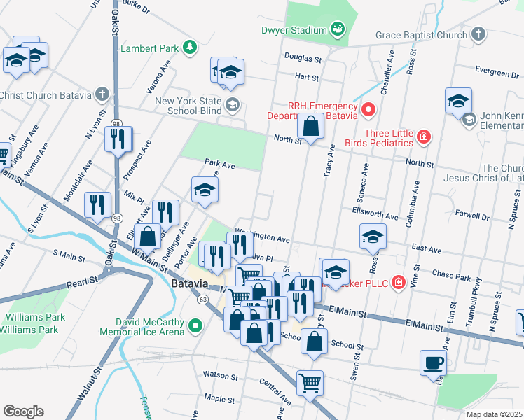 map of restaurants, bars, coffee shops, grocery stores, and more near 3 Lewis Place in Batavia