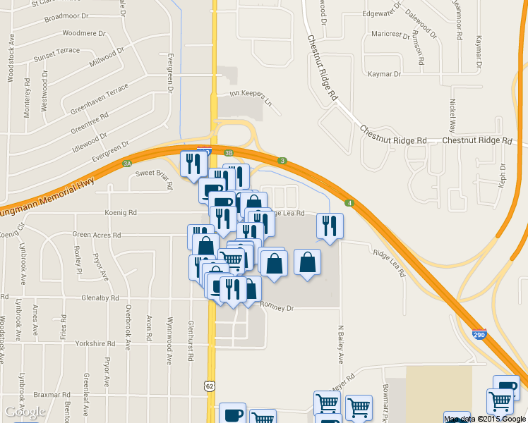 map of restaurants, bars, coffee shops, grocery stores, and more near 3948 Ridge Lea Road in Buffalo