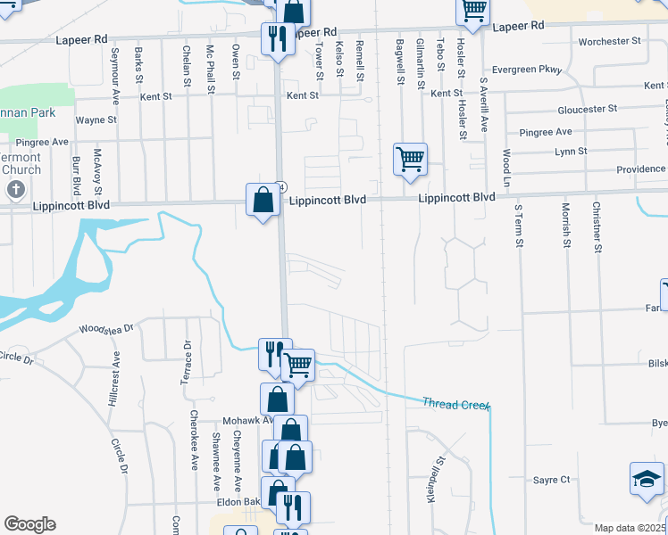 map of restaurants, bars, coffee shops, grocery stores, and more near 2442 Lippincott Boulevard in Flint