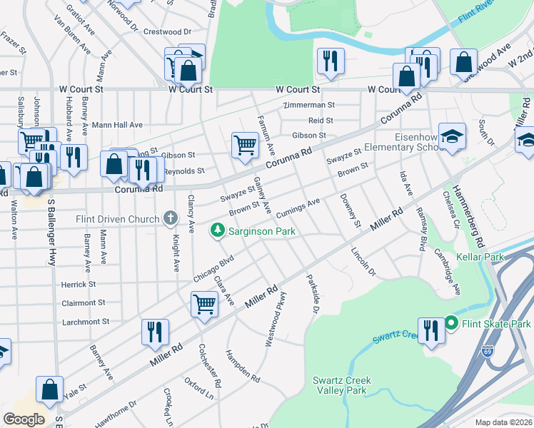 map of restaurants, bars, coffee shops, grocery stores, and more near 2610 Brown Street in Flint