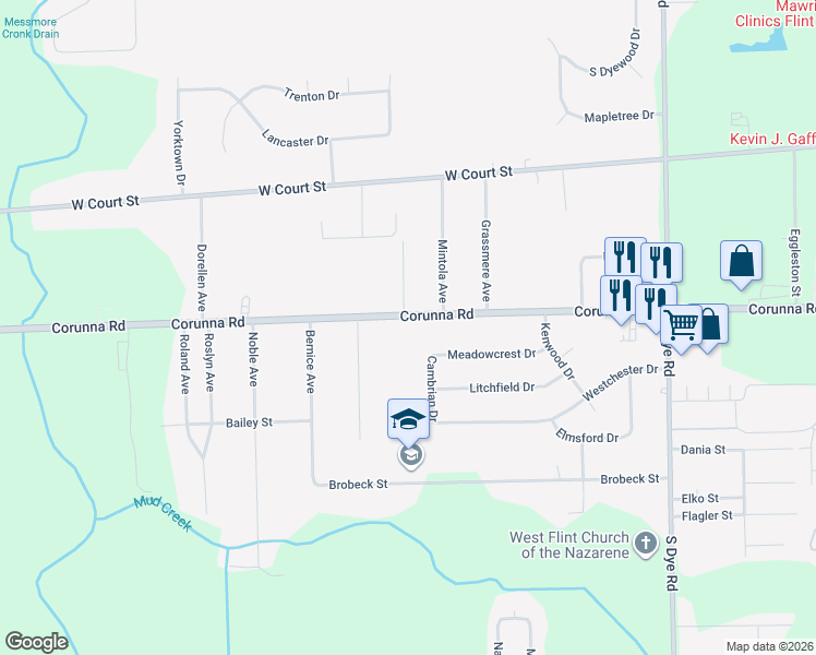 map of restaurants, bars, coffee shops, grocery stores, and more near 6004 Corunna Road in Flint