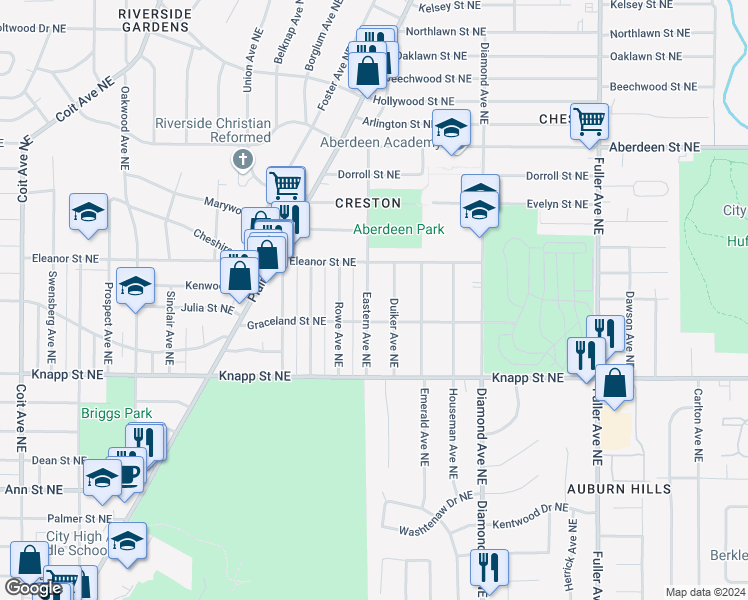 map of restaurants, bars, coffee shops, grocery stores, and more near 2145 Eastern Avenue Northeast in Grand Rapids