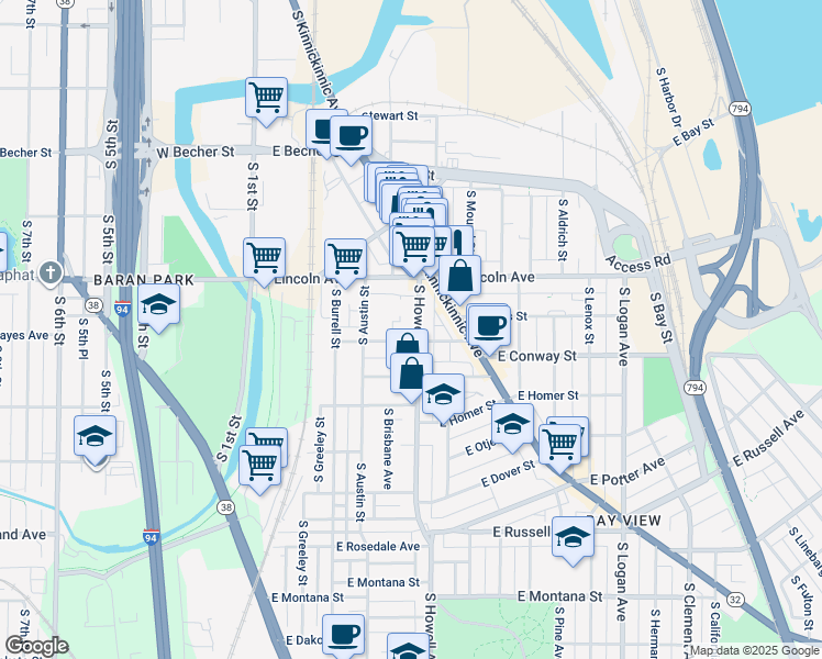 map of restaurants, bars, coffee shops, grocery stores, and more near 2342 South Howell Avenue in Milwaukee