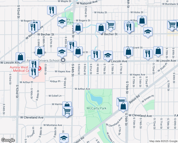 map of restaurants, bars, coffee shops, grocery stores, and more near 2329 South 81st Street in West Allis