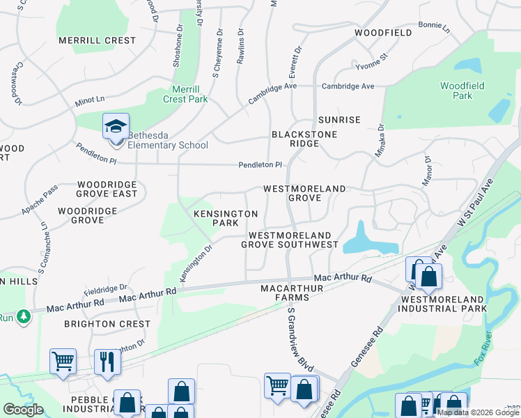 map of restaurants, bars, coffee shops, grocery stores, and more near 934 Canterbury Lane in Waukesha