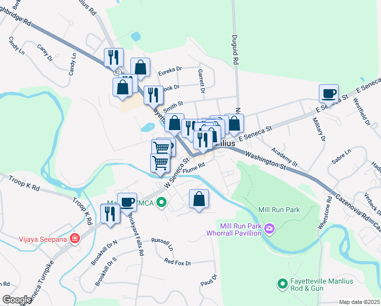 map of restaurants, bars, coffee shops, grocery stores, and more near 104 Fayette Street in Manlius