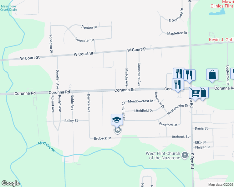 map of restaurants, bars, coffee shops, grocery stores, and more near 6004 Corunna Road in Flint