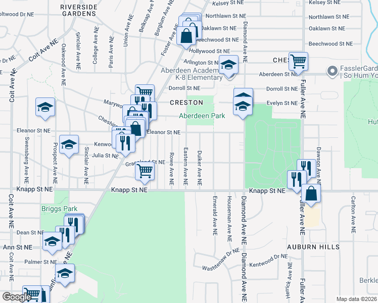 map of restaurants, bars, coffee shops, grocery stores, and more near 2145 Eastern Avenue Northeast in Grand Rapids