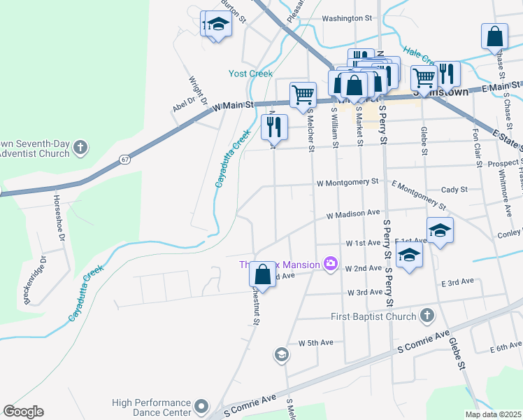 map of restaurants, bars, coffee shops, grocery stores, and more near 309 Meadow Street in Johnstown