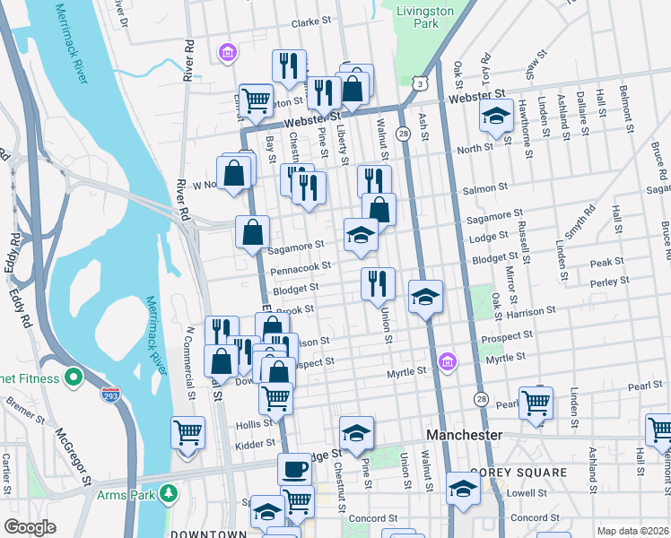 map of restaurants, bars, coffee shops, grocery stores, and more near 81 Brook Street in Manchester