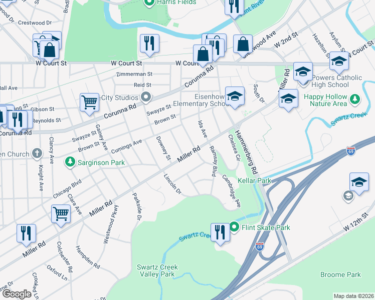 map of restaurants, bars, coffee shops, grocery stores, and more near 1500 Durand Street in Flint