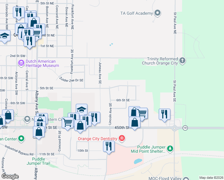 map of restaurants, bars, coffee shops, grocery stores, and more near 1000 Lincoln Avenue Southeast in Orange City