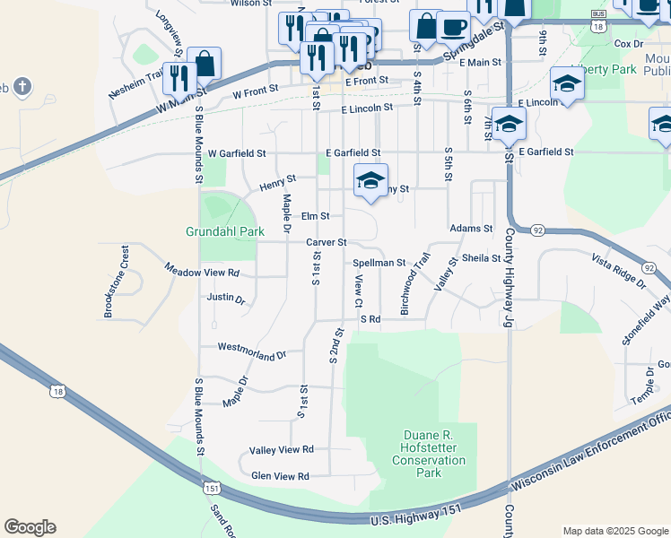 map of restaurants, bars, coffee shops, grocery stores, and more near 602 South 2nd Street in Mount Horeb