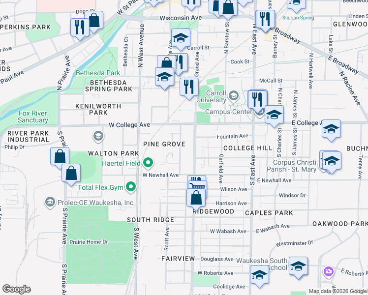 map of restaurants, bars, coffee shops, grocery stores, and more near 129 Hinman Avenue in Waukesha