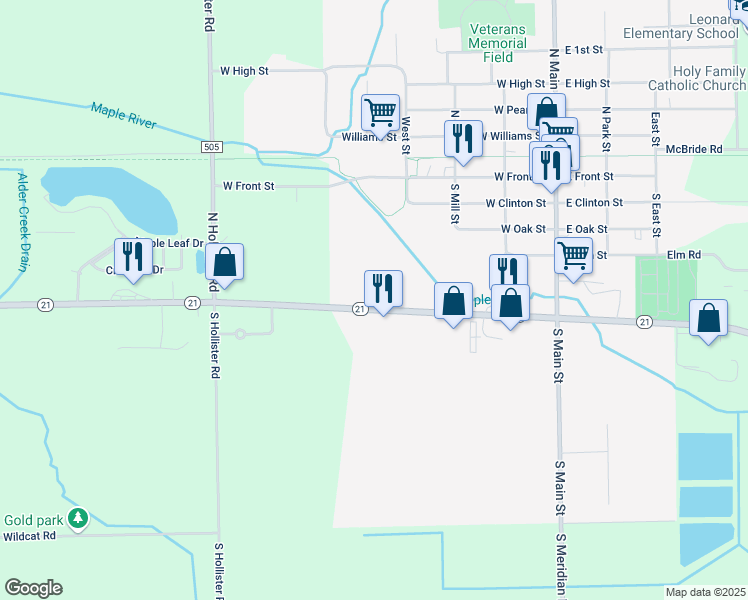 map of restaurants, bars, coffee shops, grocery stores, and more near 9345 Michigan 21 in Ovid