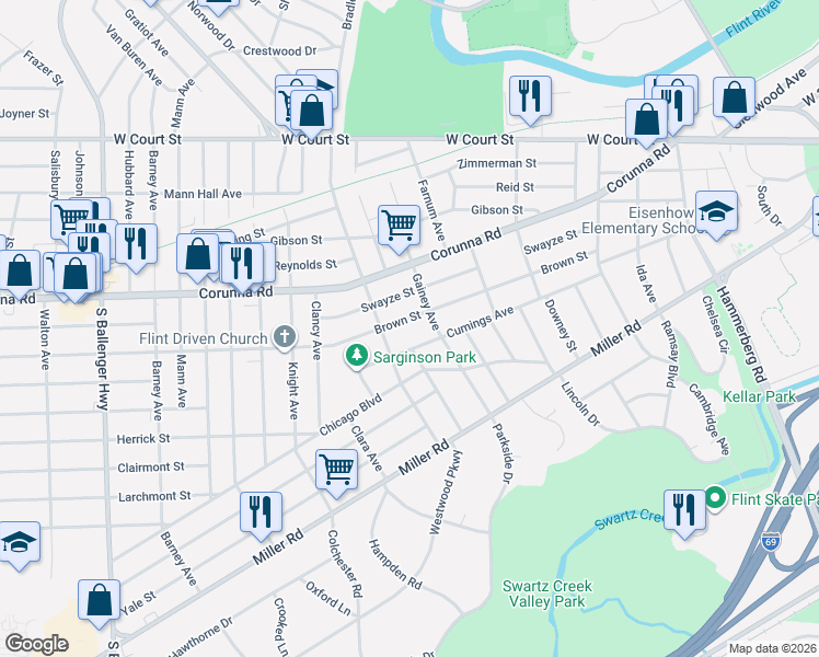map of restaurants, bars, coffee shops, grocery stores, and more near 2610 Brown Street in Flint