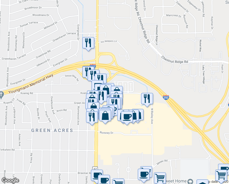 map of restaurants, bars, coffee shops, grocery stores, and more near 3908 Ridge Lea Road in Buffalo