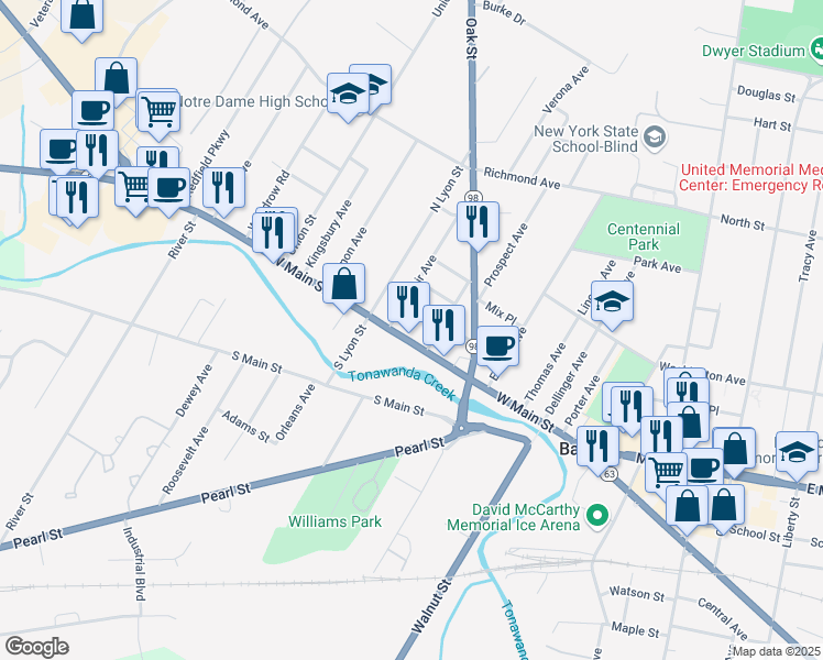 map of restaurants, bars, coffee shops, grocery stores, and more near 2 Montclair Avenue in Batavia