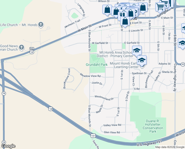 map of restaurants, bars, coffee shops, grocery stores, and more near 333 Meadow View Road in Mount Horeb