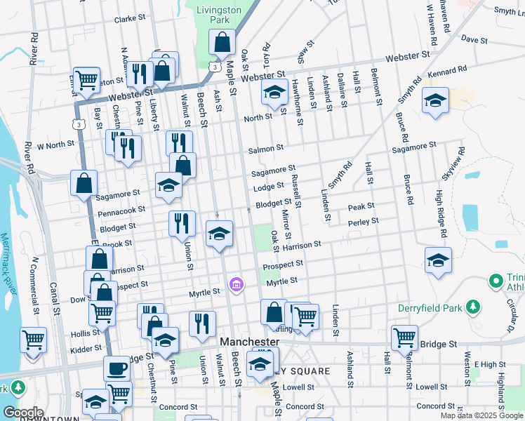 map of restaurants, bars, coffee shops, grocery stores, and more near 266 Blodget Street in Manchester