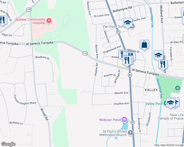 map of restaurants, bars, coffee shops, grocery stores, and more near 138 Hopper Road in Syracuse