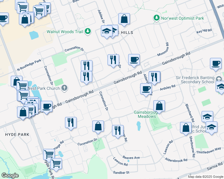 map of restaurants, bars, coffee shops, grocery stores, and more near 46 Gainsborough Road in London