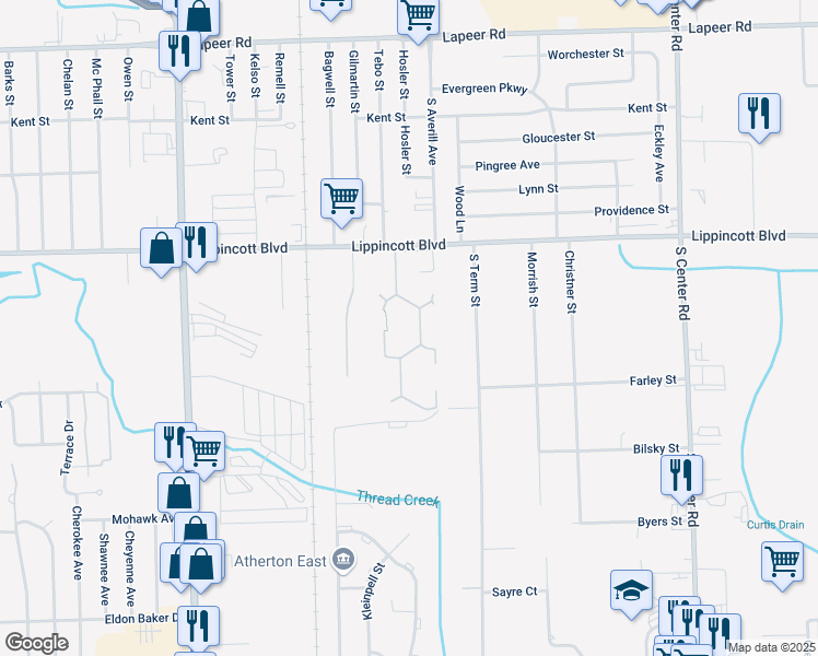 map of restaurants, bars, coffee shops, grocery stores, and more near 2204 Fox Lane in Flint