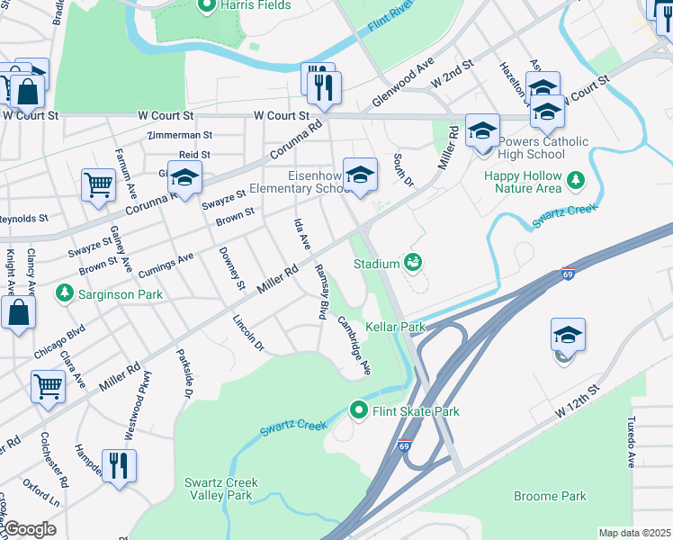 map of restaurants, bars, coffee shops, grocery stores, and more near 1941 Miller Road in Flint