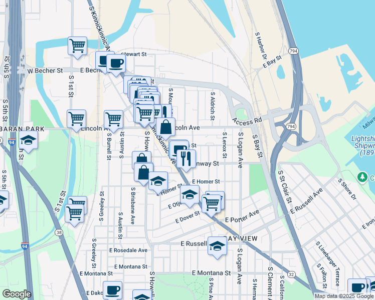 map of restaurants, bars, coffee shops, grocery stores, and more near 602 East Linus Street in Milwaukee