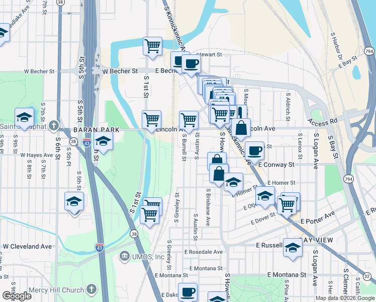 map of restaurants, bars, coffee shops, grocery stores, and more near 2339 South Austin Street in Milwaukee