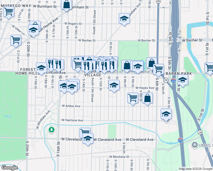 map of restaurants, bars, coffee shops, grocery stores, and more near 2336 South 12th Street in Milwaukee