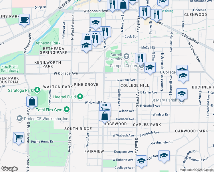 map of restaurants, bars, coffee shops, grocery stores, and more near 127 South Grand Avenue in Waukesha