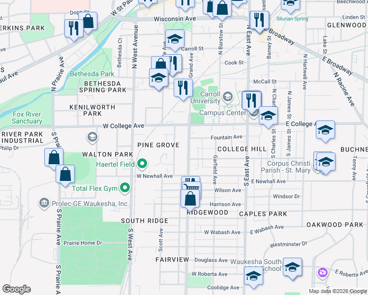 map of restaurants, bars, coffee shops, grocery stores, and more near 129 Hinman Avenue in Waukesha