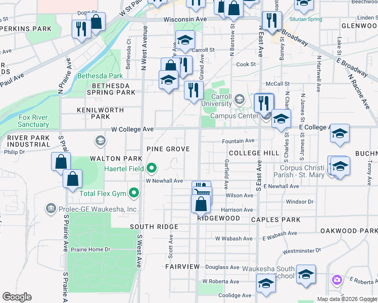 map of restaurants, bars, coffee shops, grocery stores, and more near 129 Hinman Avenue in Waukesha