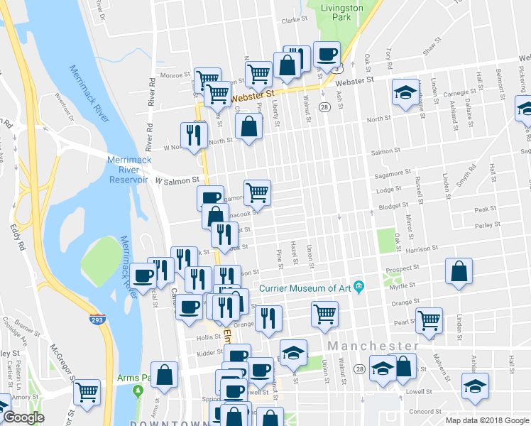 map of restaurants, bars, coffee shops, grocery stores, and more near 61 Pennacook Street in Manchester